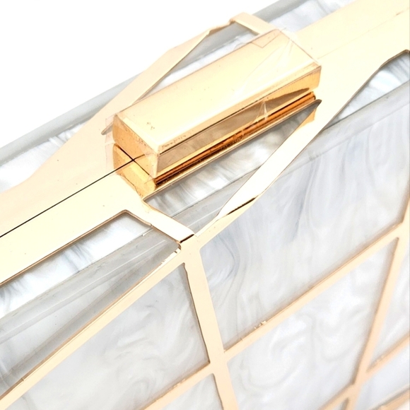Firenze K Stunning Evening White Acrylic Gold Metal Frame Clutch - Picture 7 of 11